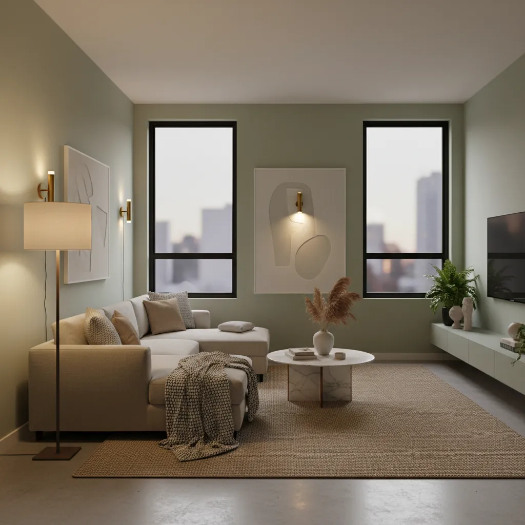 sage green living room demonstrating layered lighting with floor lamps and sconces