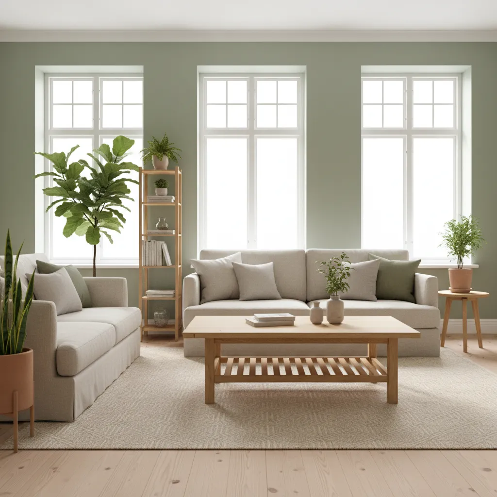 bright living room with sage green walls and wooden furniture