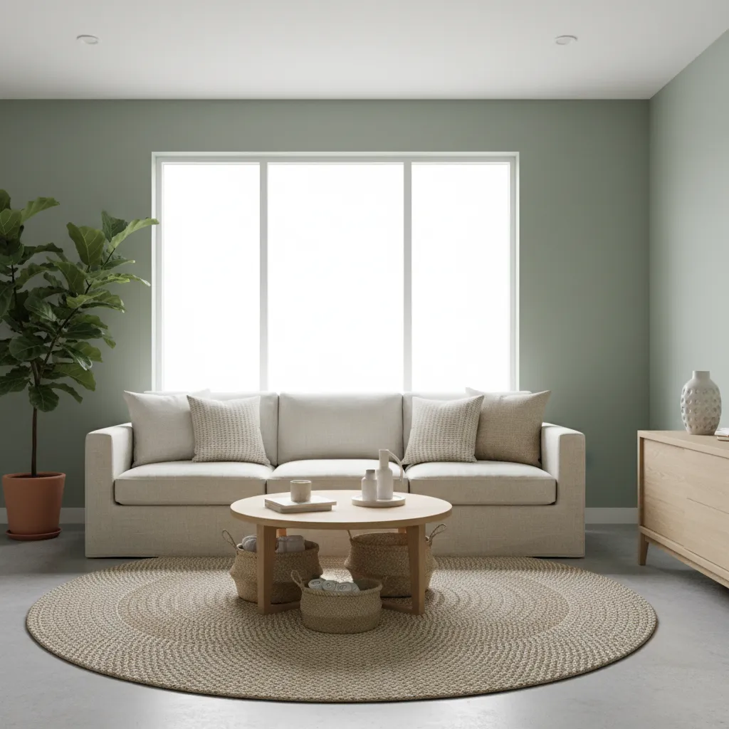 Sage green living room with linen sofa wood furniture and layered natural textures