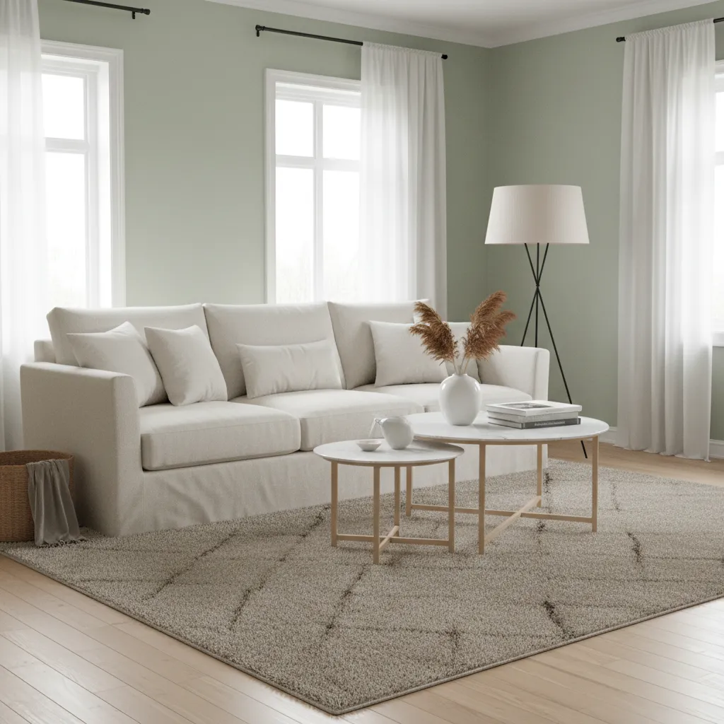Sage green living room with cream sofa and warm neutral decor