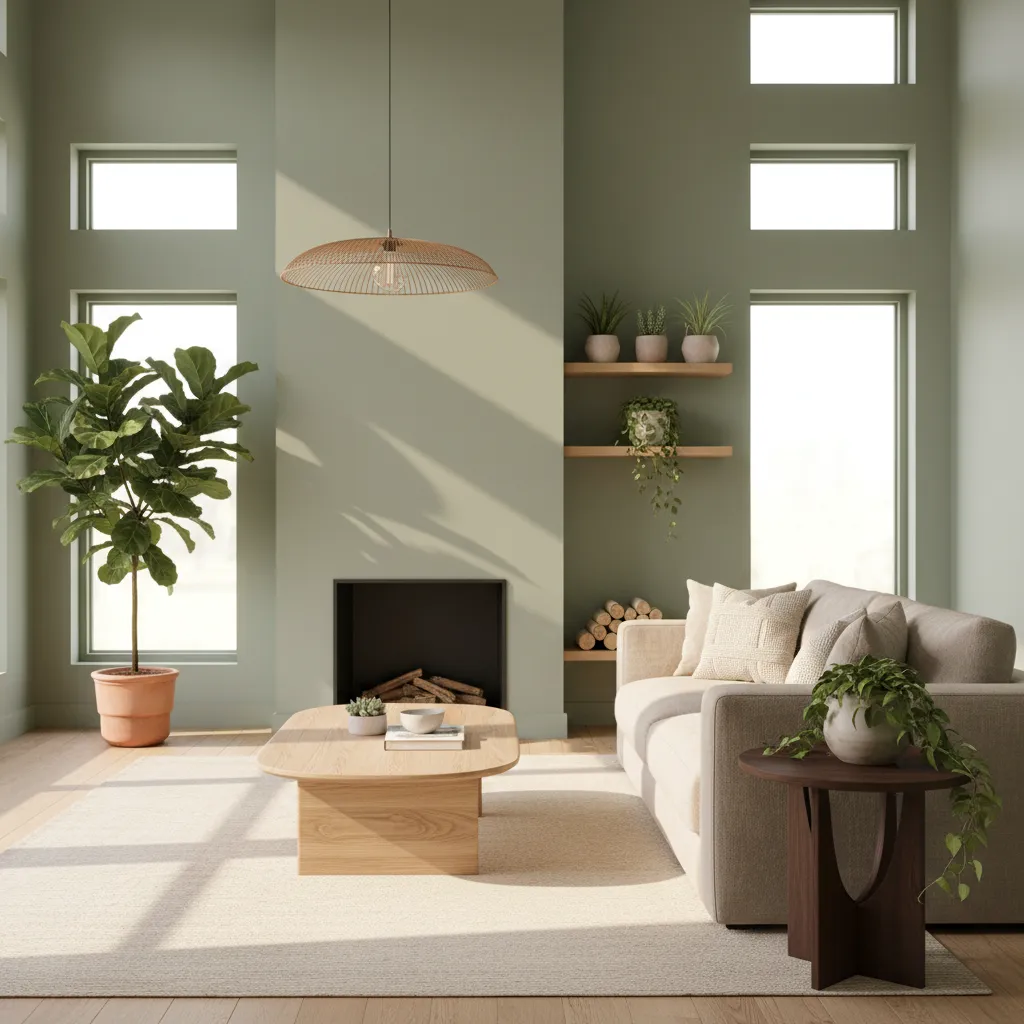 Living room with sage green walls and natural oak wood furniture