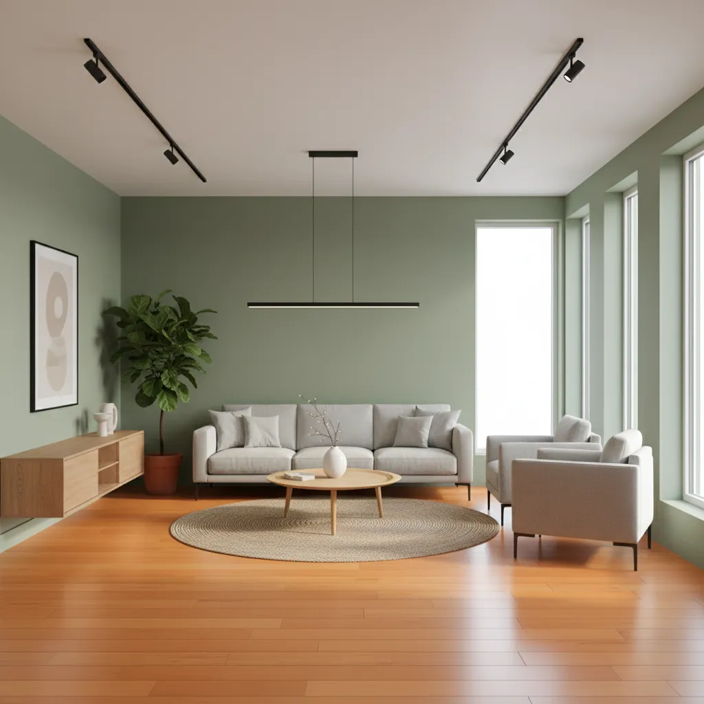Living room with sage green walls and orange wood flooring