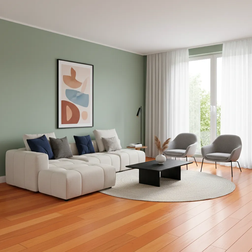 sage green living room walls with warm orange wood flooring