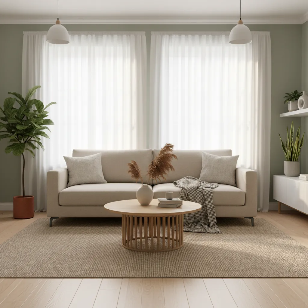 Sage green living room with beige sofa and wooden furniture