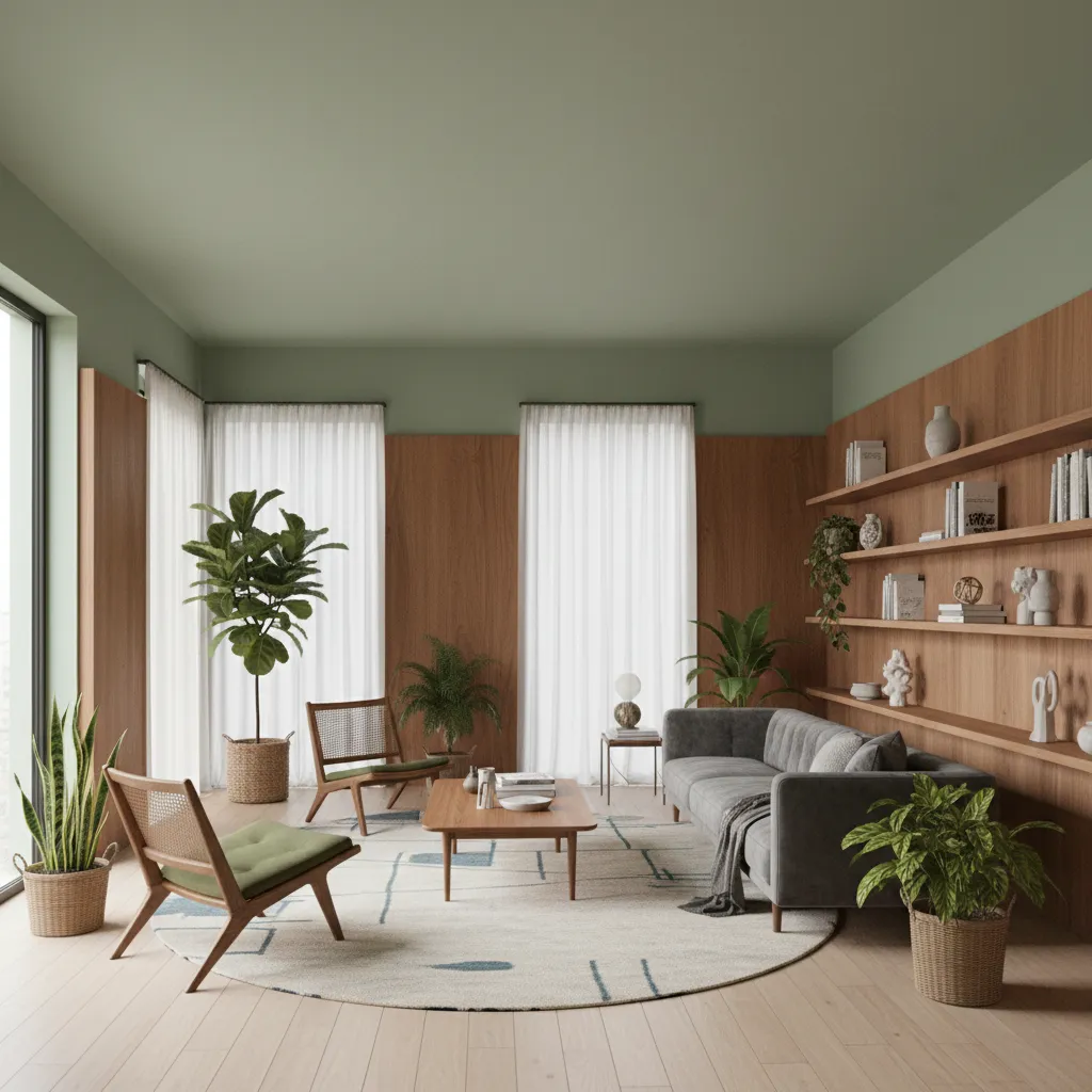 Living room interior with sage green wall color and wood furniture