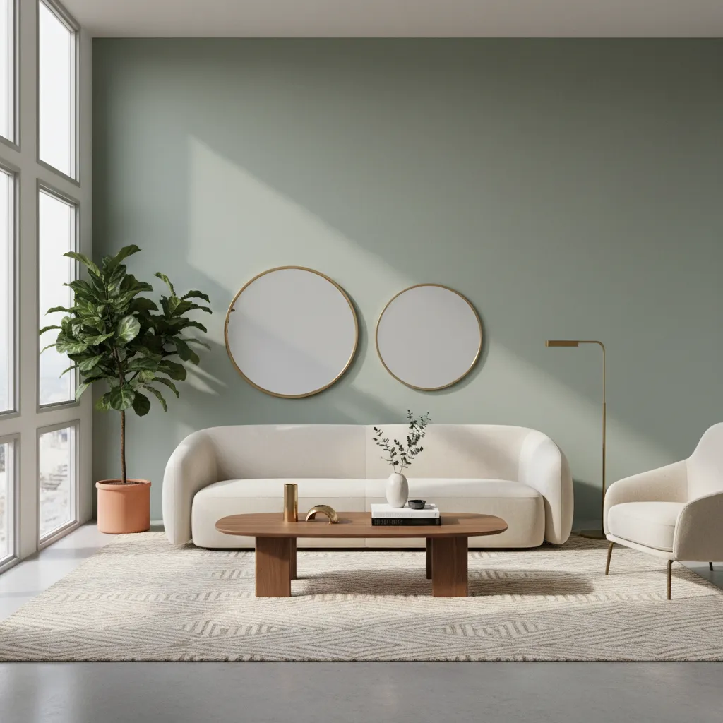 sage green living room with warm wood furniture cream sofa and brass accents