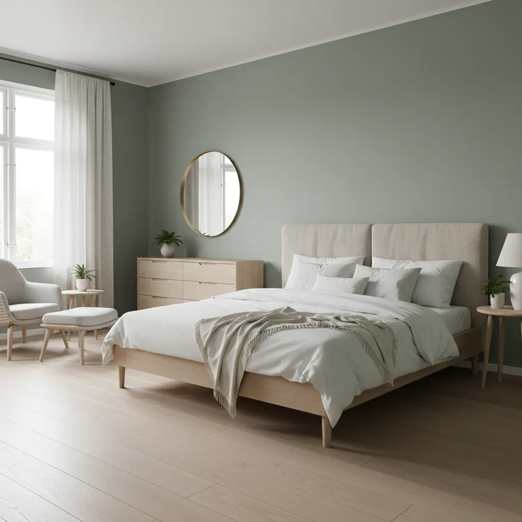 Calm sage green master bedroom with light wood furniture and soft natural lighting