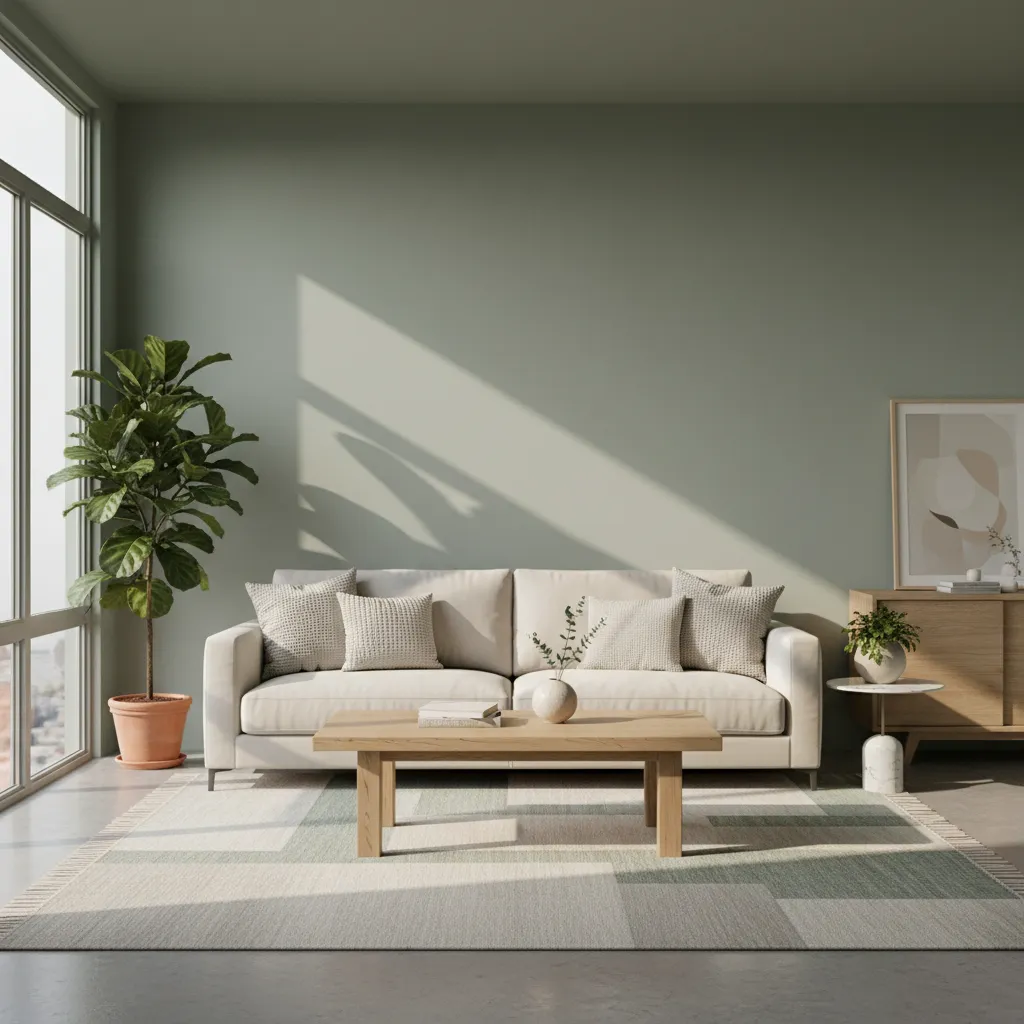 modern sage green living room with neutral sofa and wooden furniture