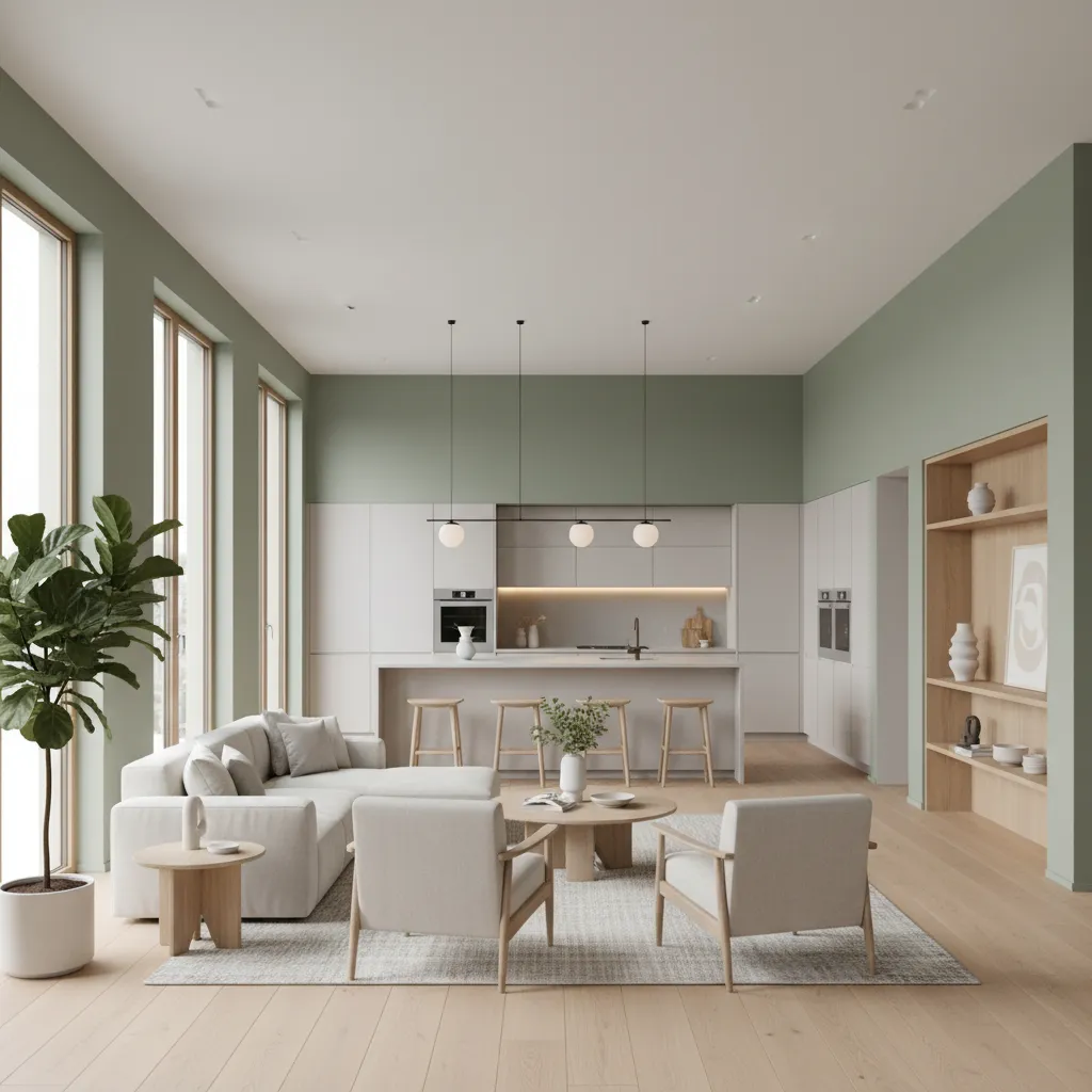 Soft sage green walls in open concept kitchen and living room