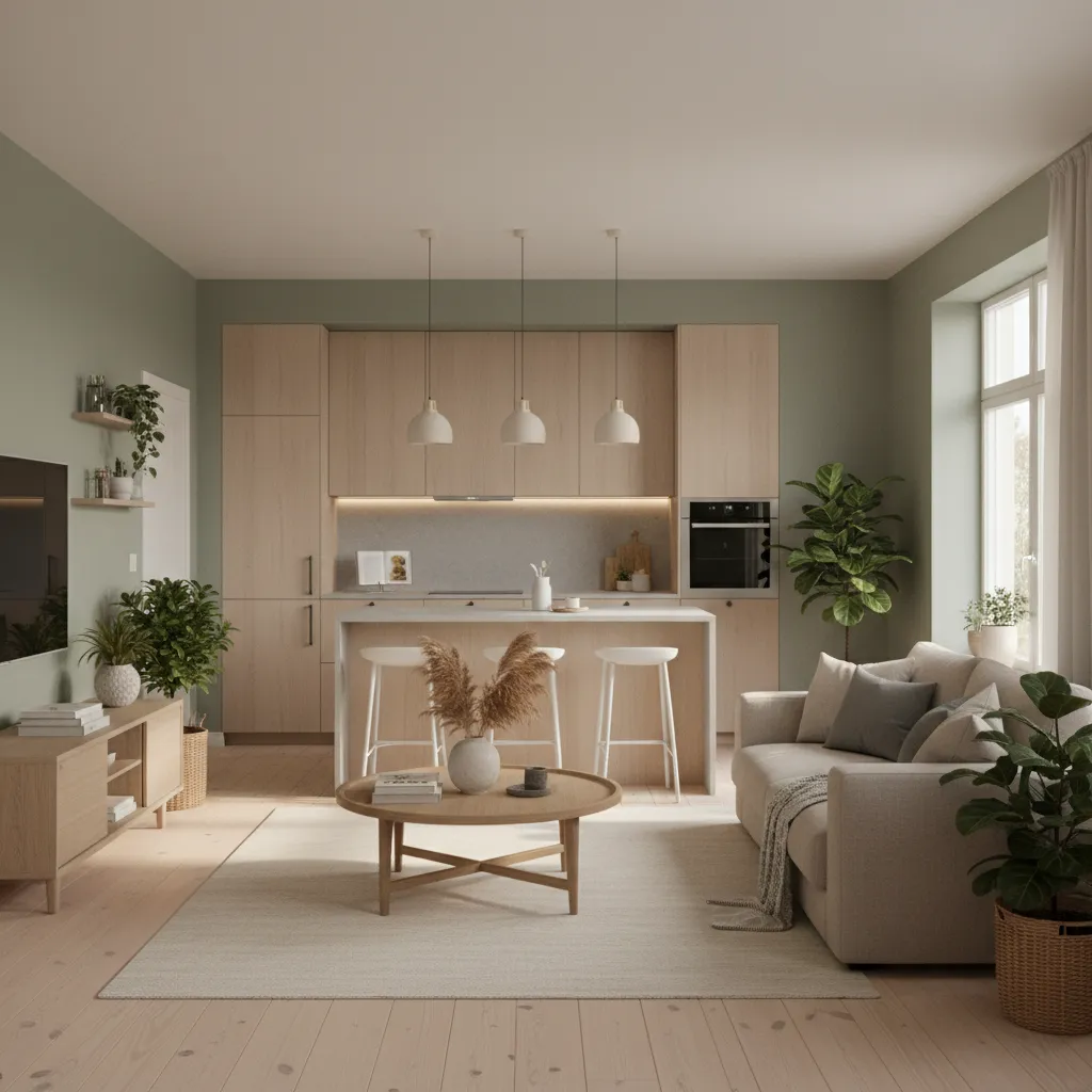 Soft sage green walls in open kitchen and living room with wood accents