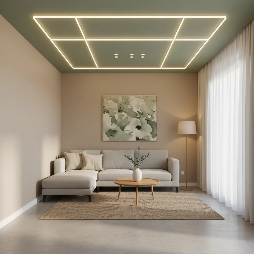 small living hall with sage green pop ceiling design