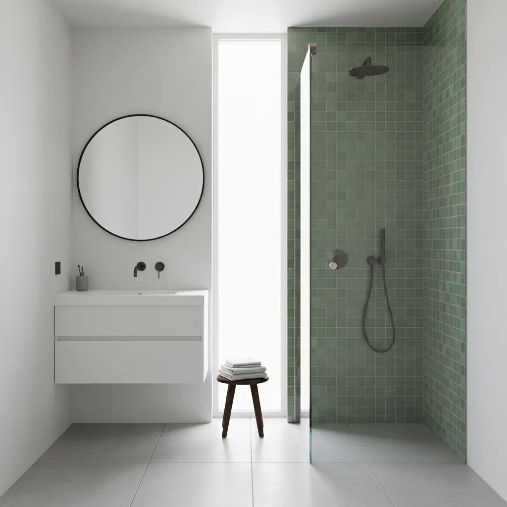 small bathroom with sage green tile accent shower wall