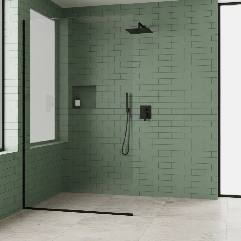Walk-in shower with sage green subway tile accent wall