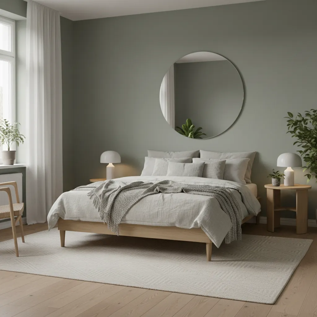 Small bedroom with muted sage green walls and wood furniture