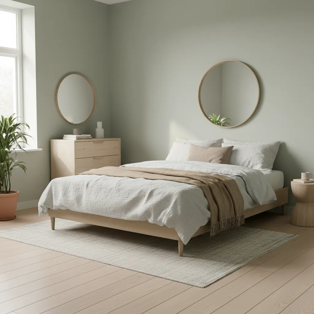 Small bedroom with pale sage green walls and natural wood furniture