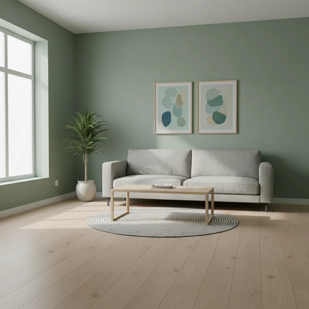 Small hall room with sage green walls and minimalist furniture