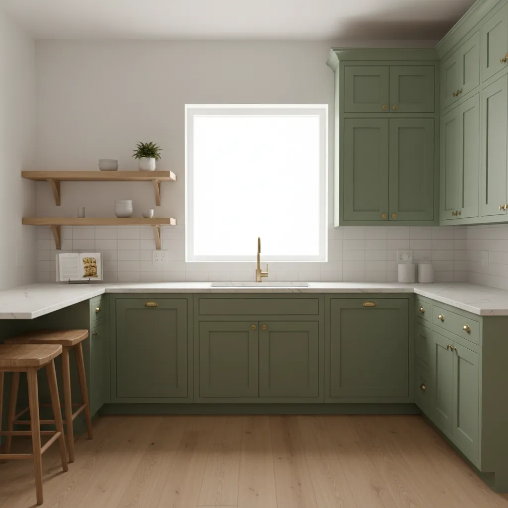 Small kitchen with sage green cabinets and light countertop
