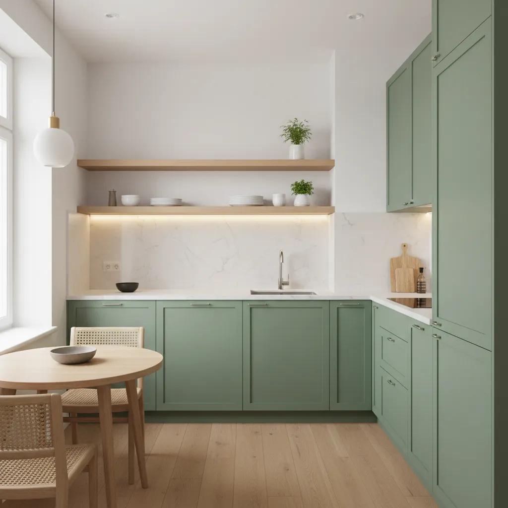 Small kitchen layout using sage green cabinets with white walls