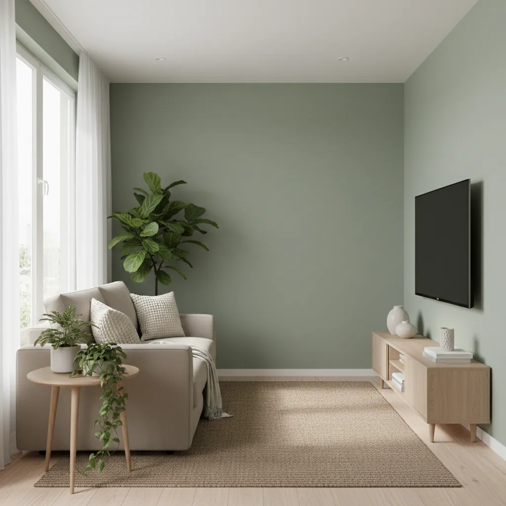 Small living room painted muted sage green with natural decor