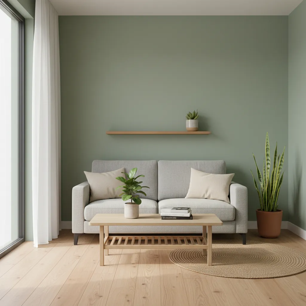 compact living room with soft sage green wall color