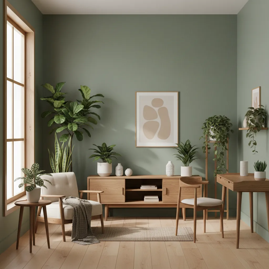 small room with muted sage green walls and natural decor