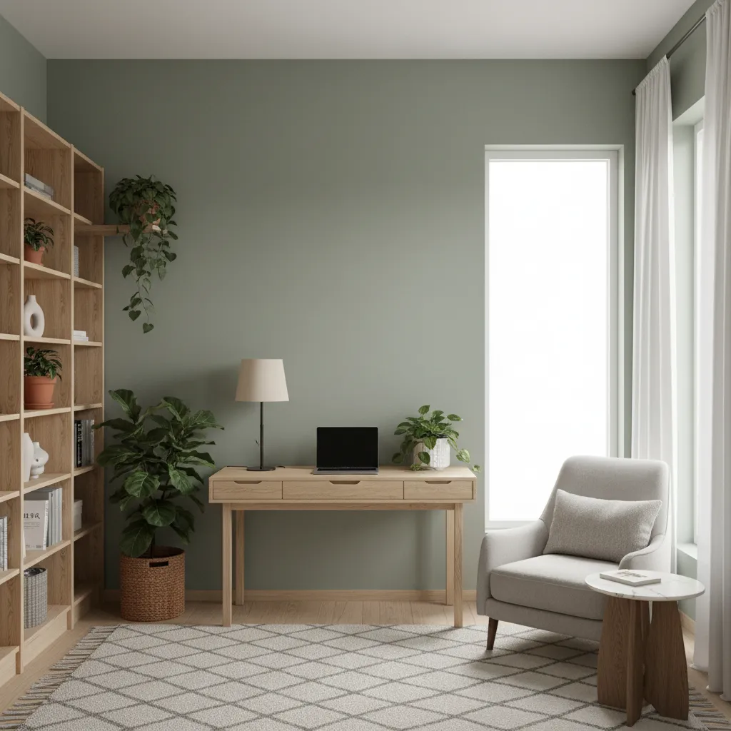 Sage green study room with plants wooden desk and natural lighting