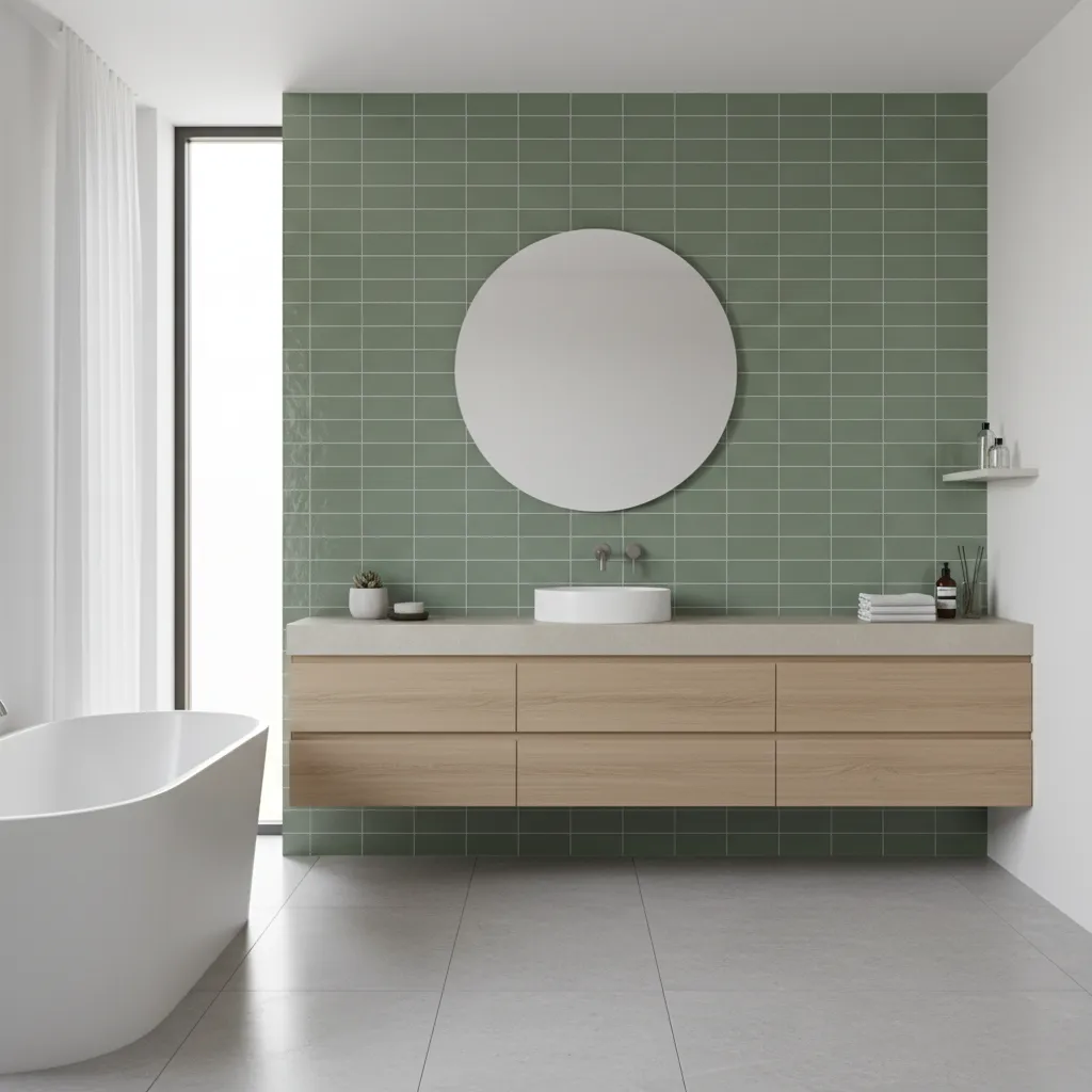 bright bathroom with sage green wall tiles and natural wood accents