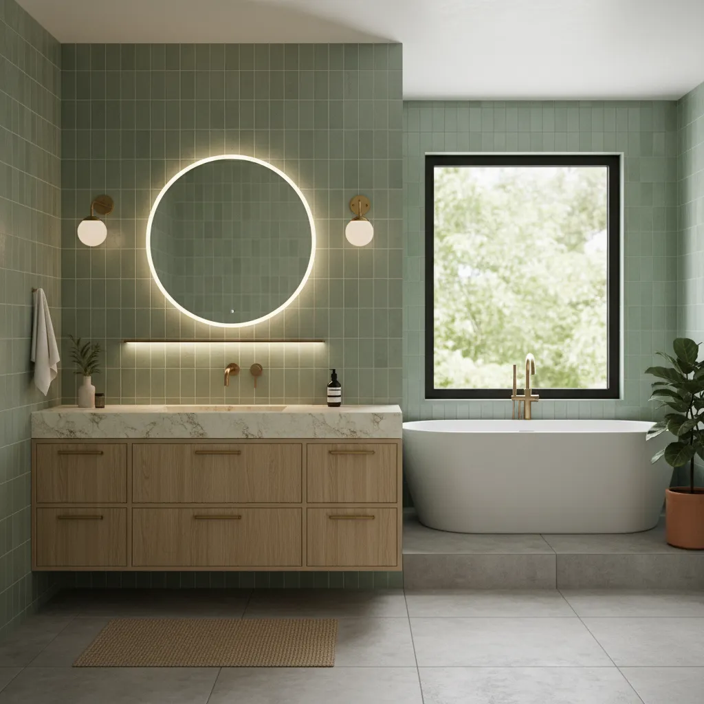 sage green bathroom tiles paired with oak vanity and brass fixtures
