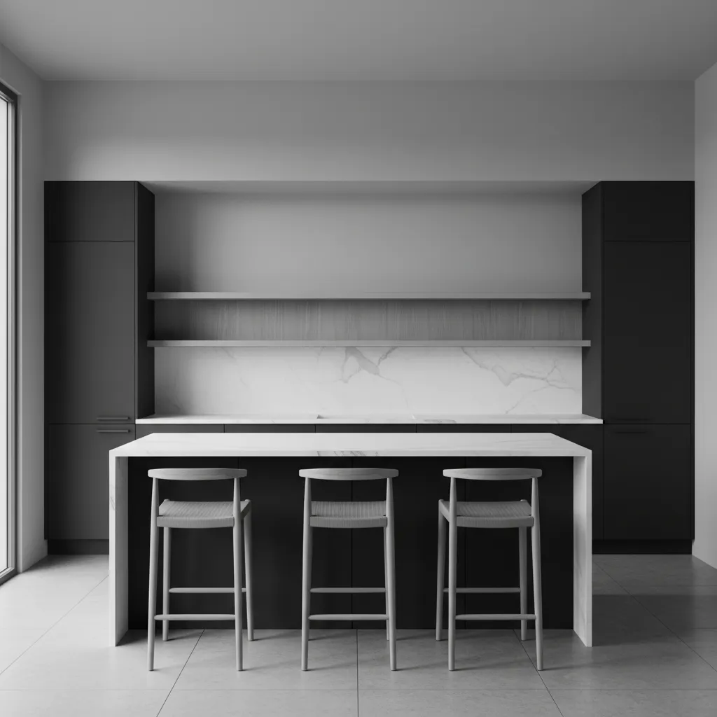 Black and white kitchen with soft sage green walls and natural textures