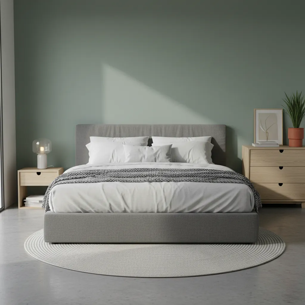 Grey bed frame bedroom with sage green walls and soft natural lighting