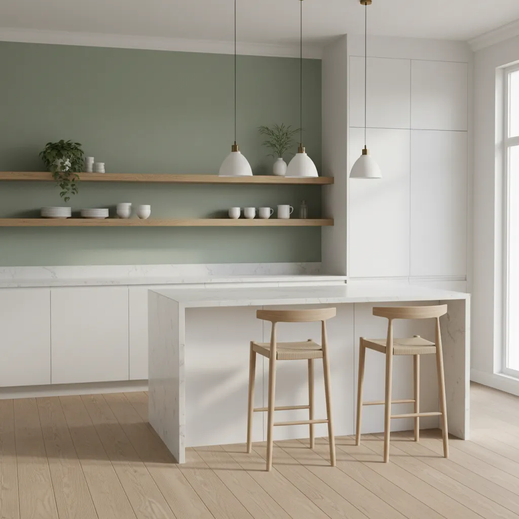 sage green kitchen wall color paired with white cabinets