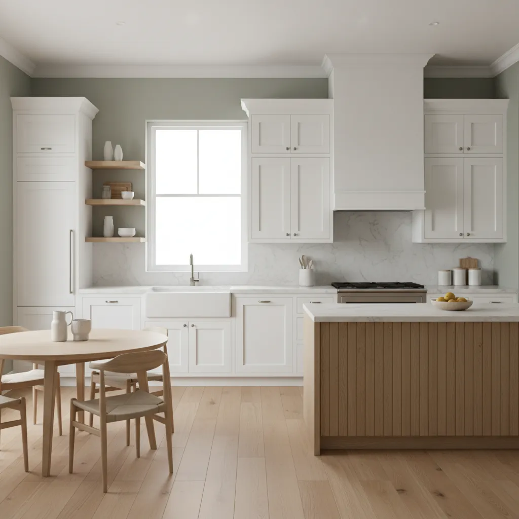 white kitchen cabinets with muted sage green walls