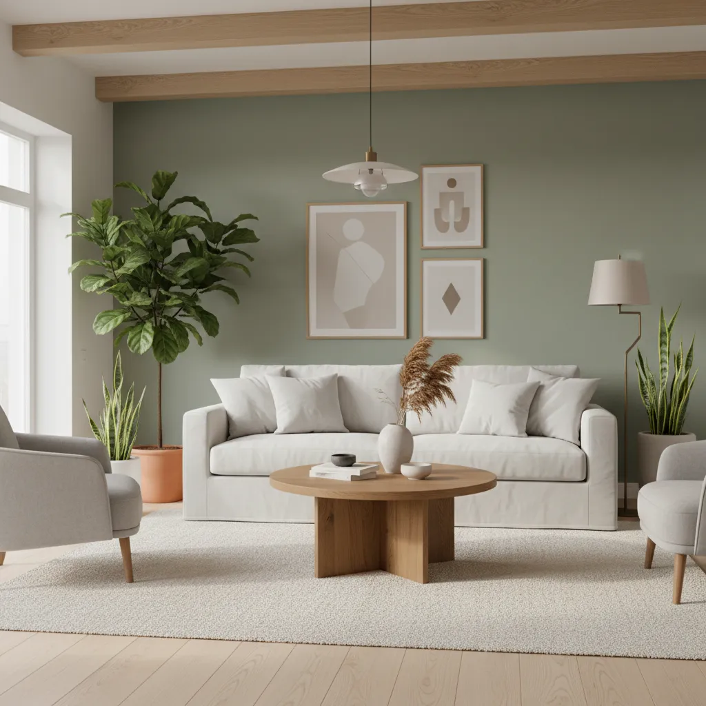 White sofa living room with sage green walls and modern decor
