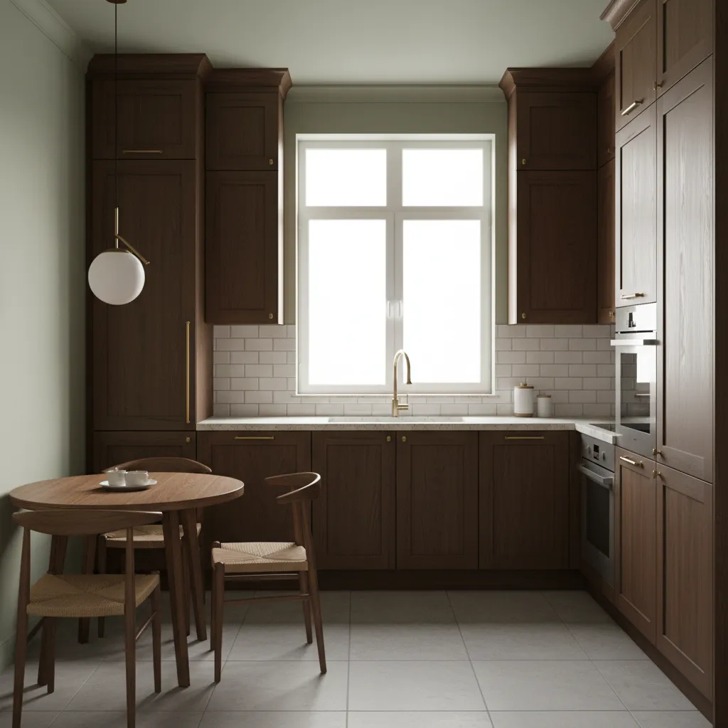 Kitchen with sage green walls, dark wood cabinets, white tiles, and small wooden dining table