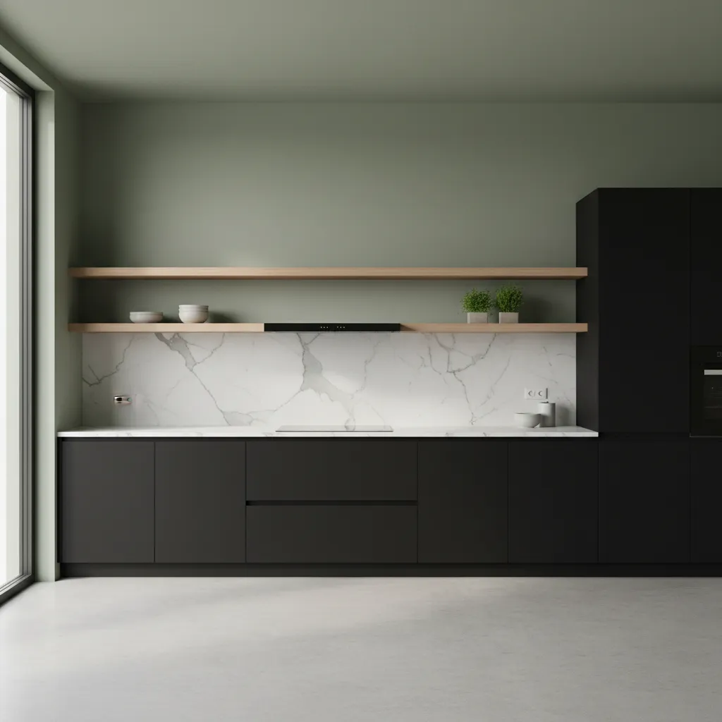 kitchen with sage green walls and dark cabinets