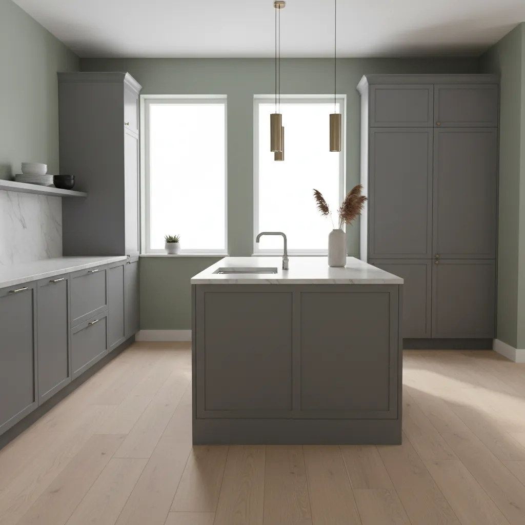 Sage green kitchen wall color paired with gray cabinets