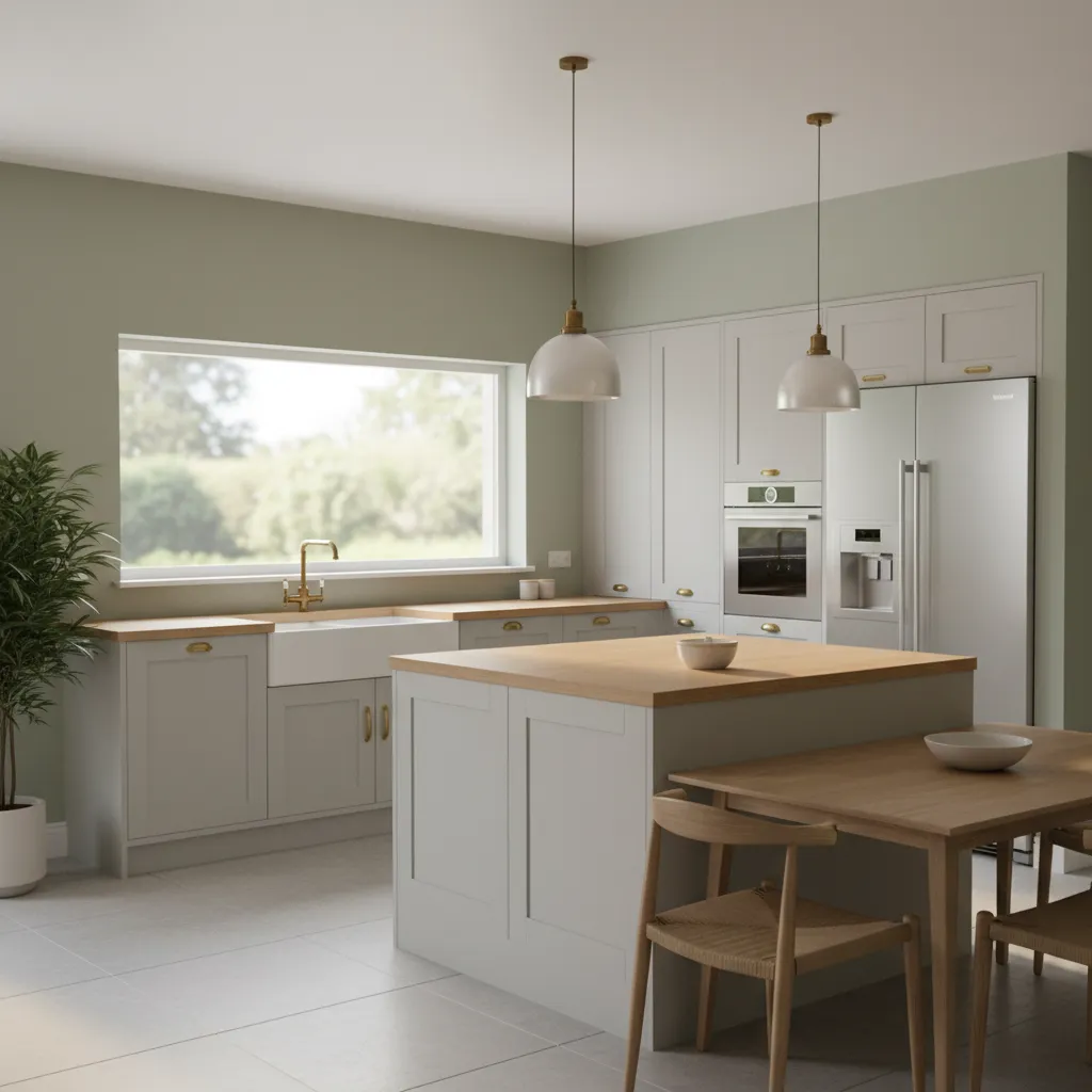 Sage green kitchen walls paired with grey cabinets