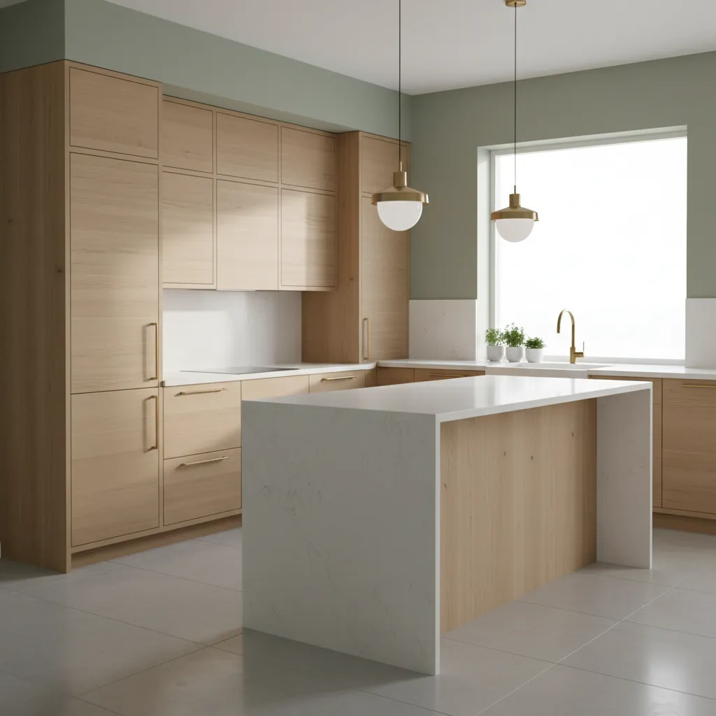 sage green kitchen walls paired with light wood cabinets