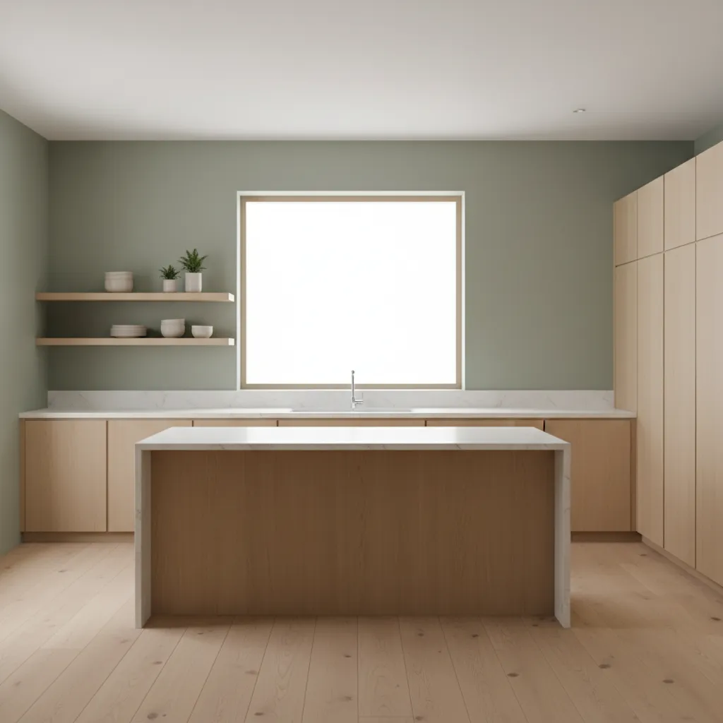 Sage green kitchen walls with natural wood cabinets