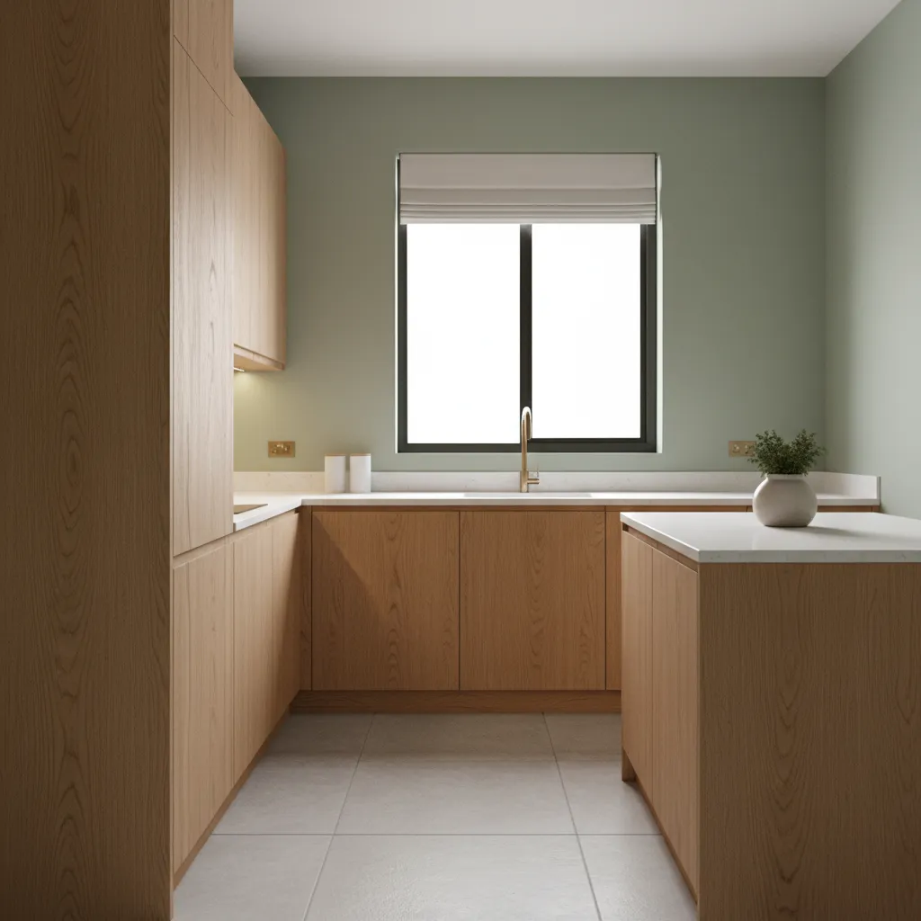 Modern kitchen with sage green walls oak cabinets white window curtain and grey tiled flooring