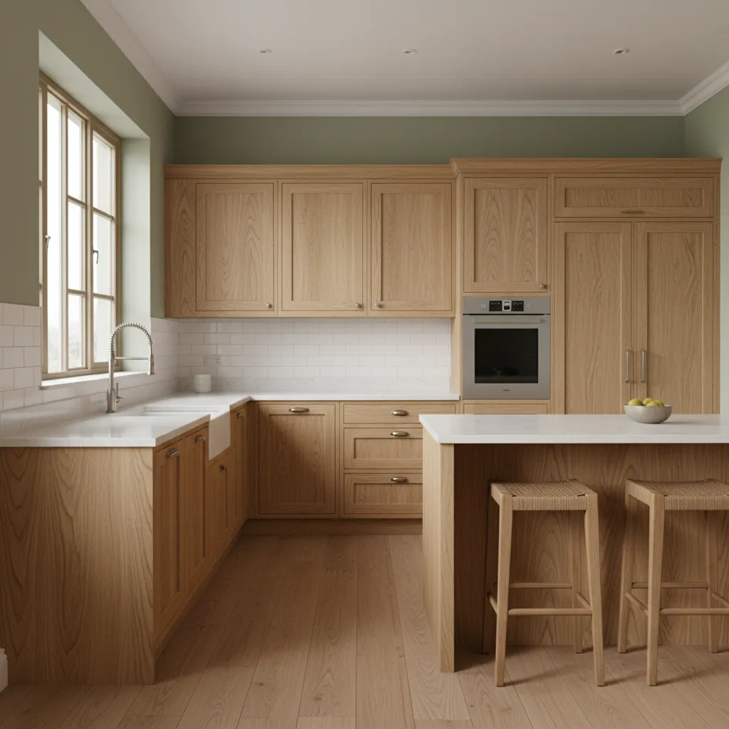 Modern kitchen with sage green walls, wood cabinets, white tile backsplash, and a central kitchen island