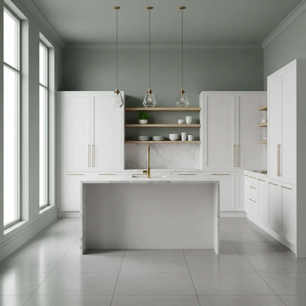 sage green kitchen walls paired with white cabinets