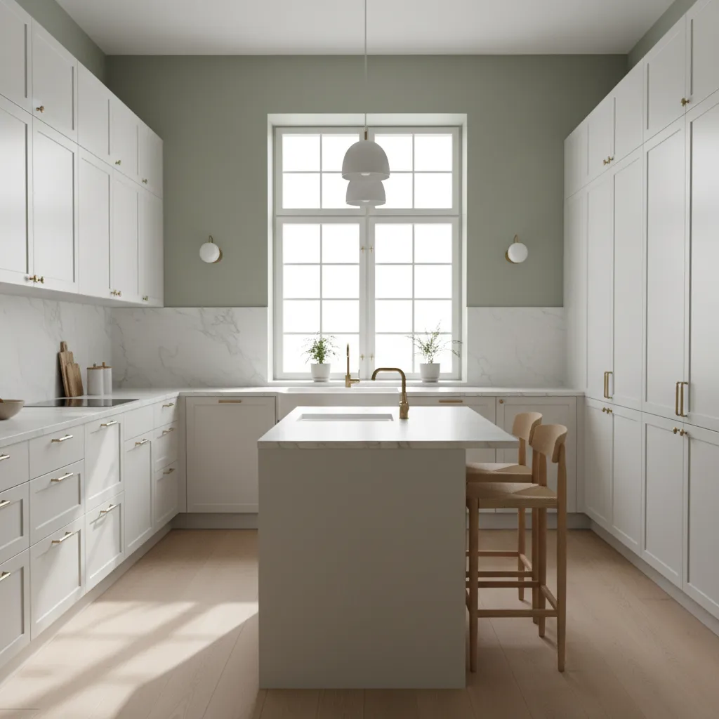 white kitchen cabinets with muted sage green walls
