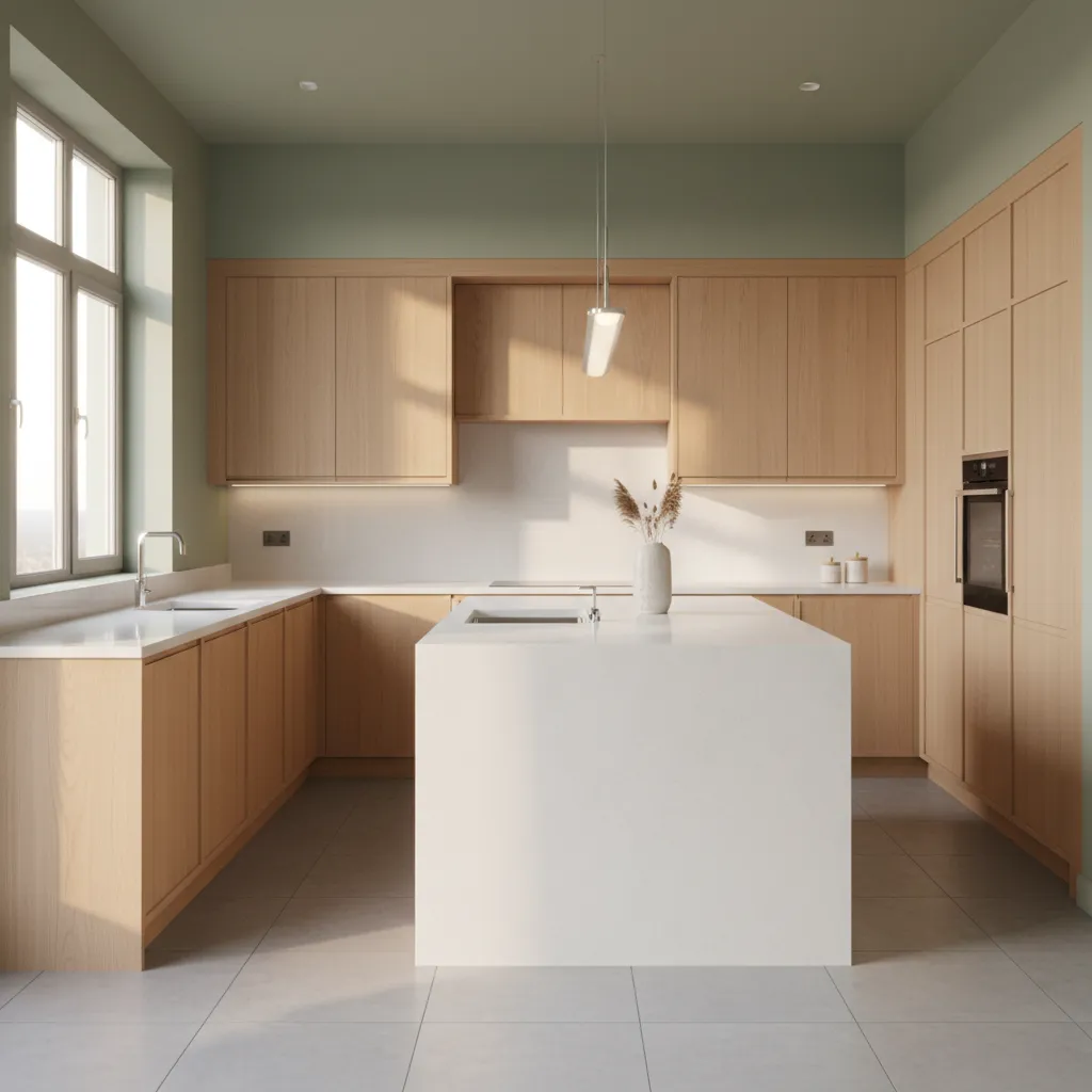 Large kitchen featuring light wood cabinets, sage green walls, white island, and a big window