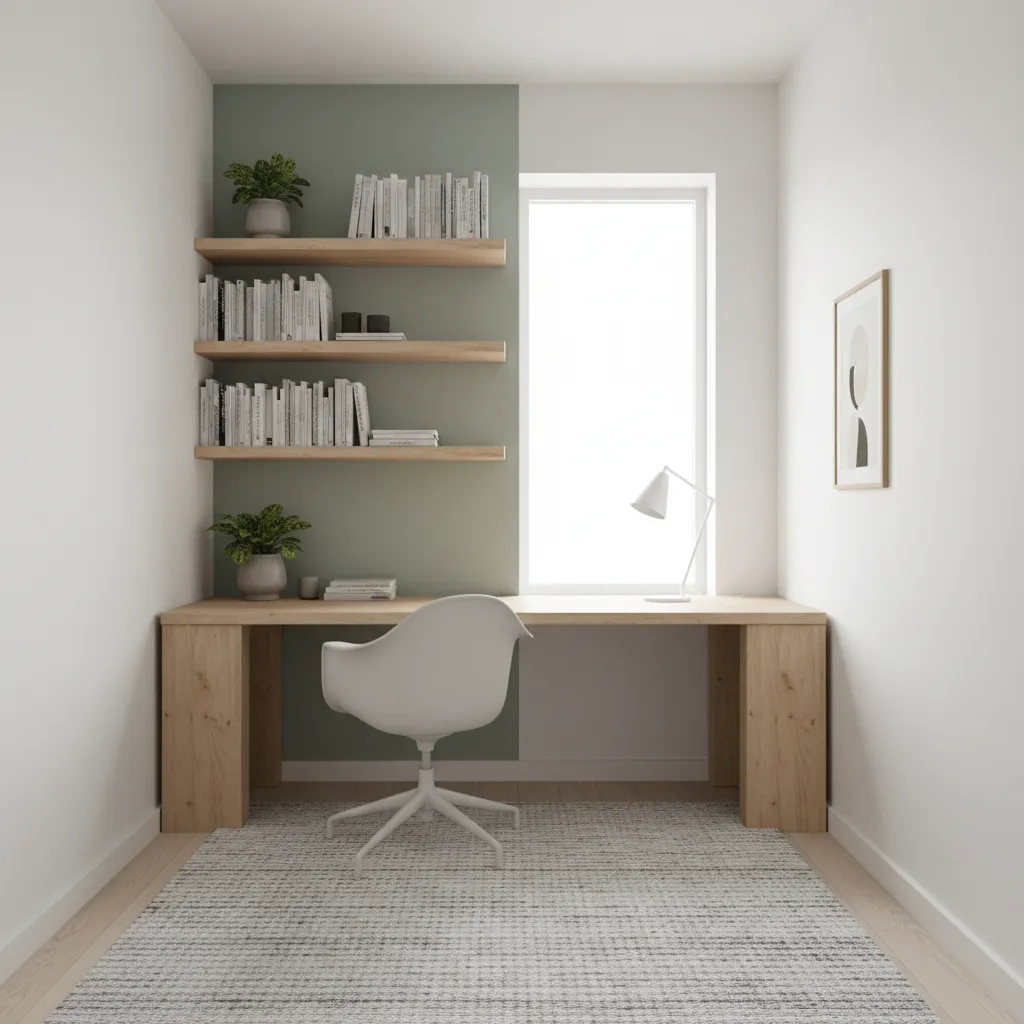Small study room with white walls and sage green accent wall with desk and shelves