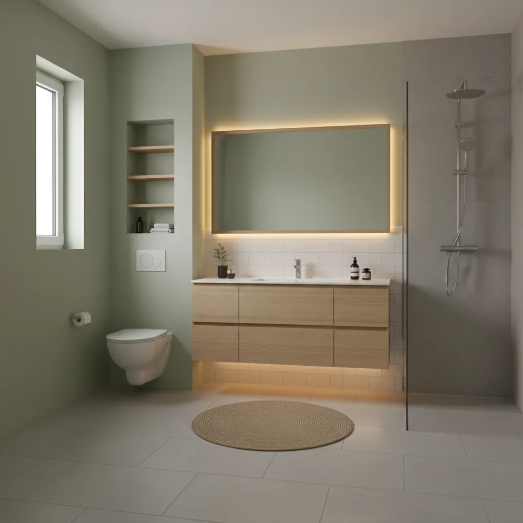 sage green paint palette used in a small windowless bathroom