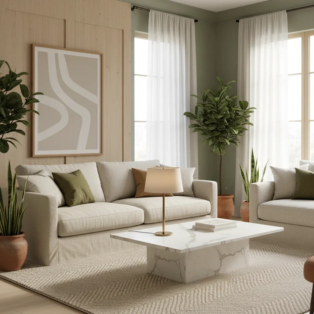 Sage green living room with brass lamp marble coffee table and textured decor