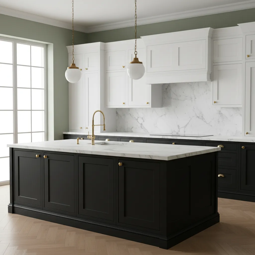 Black and white kitchen with muted sage green walls