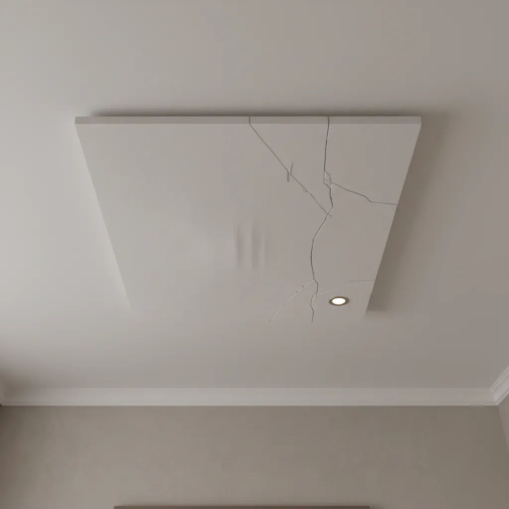 Sagging gypsum false ceiling panel in hotel room near lighting fixture