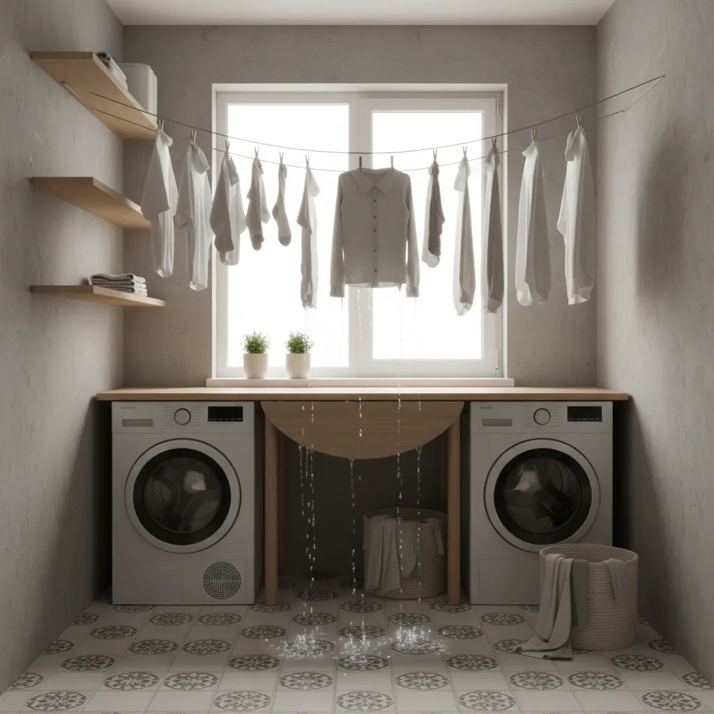 Indoor laundry clothesline sagging under wet clothing weight